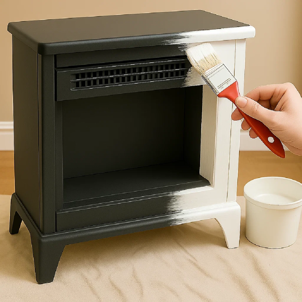 Alt text: White paint being brushed onto a black electric fireplace cabinet for a modern update.