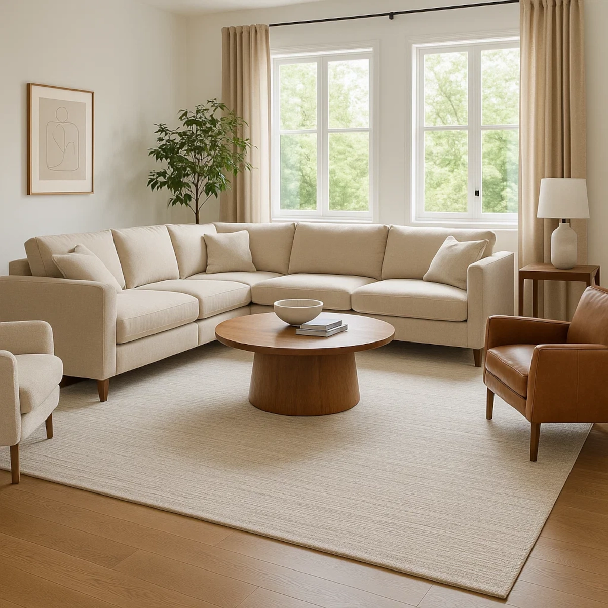 Cream area rug anchors L-shaped sectional, leather chair, and round wood coffee table in bright living room.