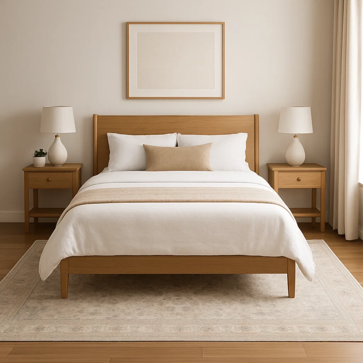 Neutral bedroom with queen bed and beige area rug placed under bed.