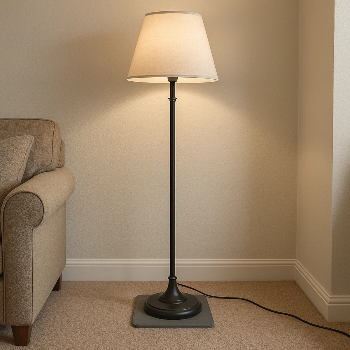 Floor lamp standing steady on carpet with a wide base support pad beneath.