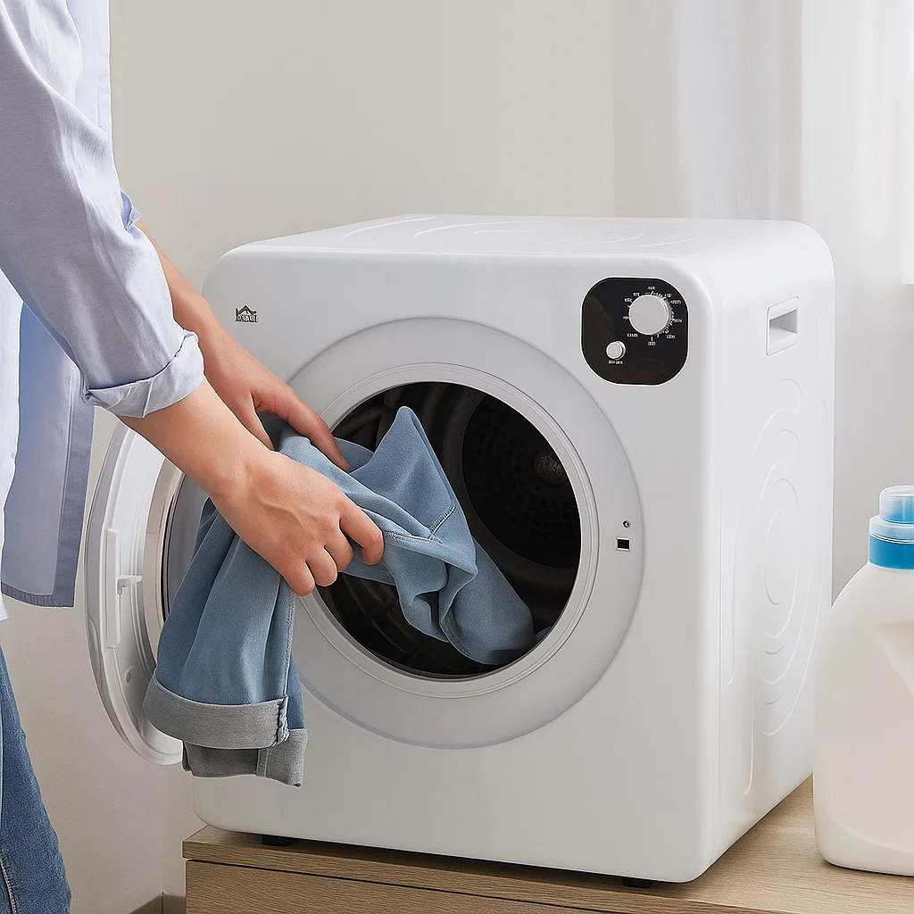 Person placing laundry into a white clothes dryer as part of a drying process.