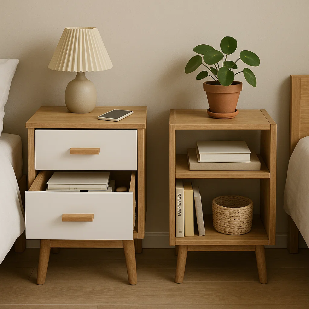 Two wooden bedside tables, one with drawers and one open shelf, styled with lamp and plant.