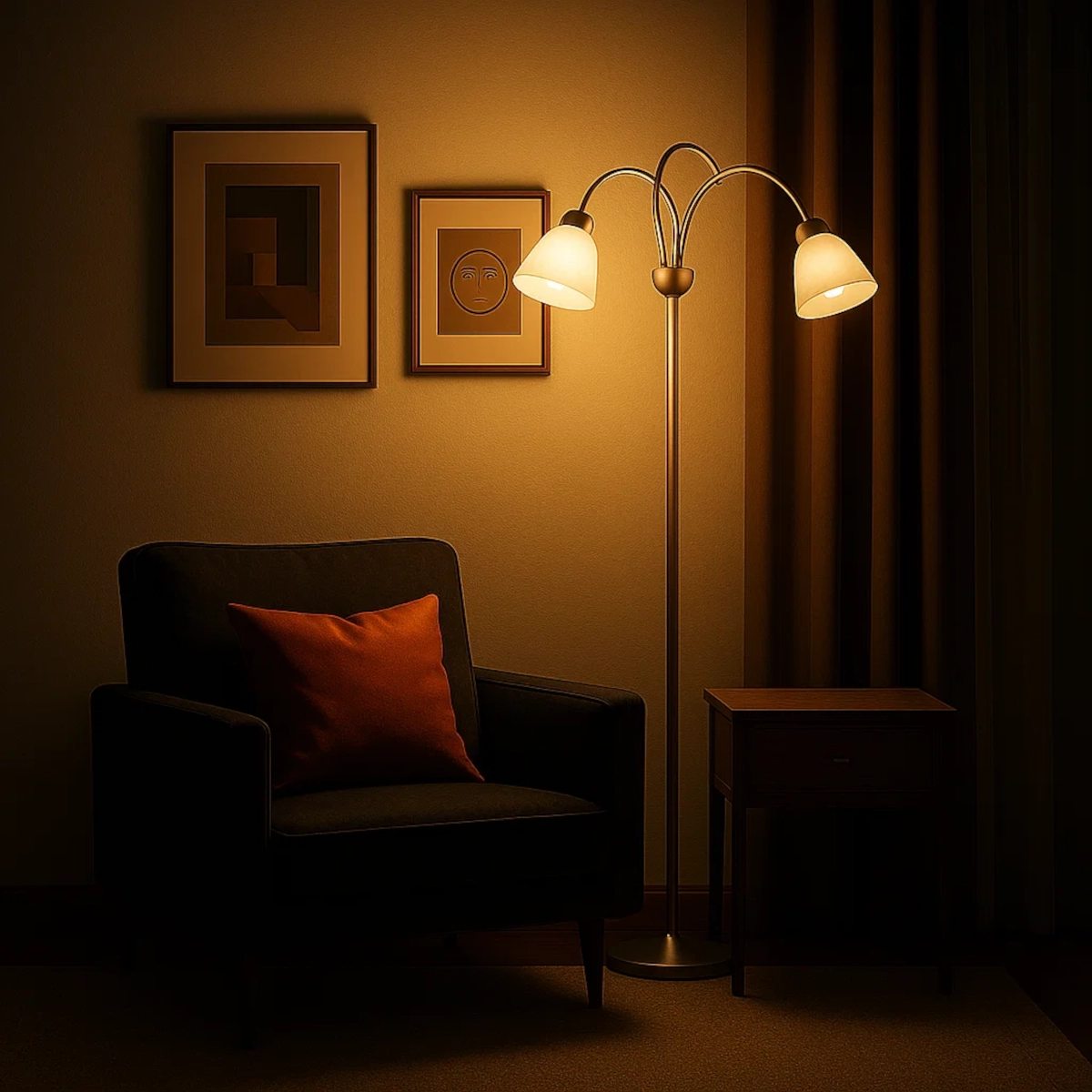 Floor lamp lighting a dark reading corner at night