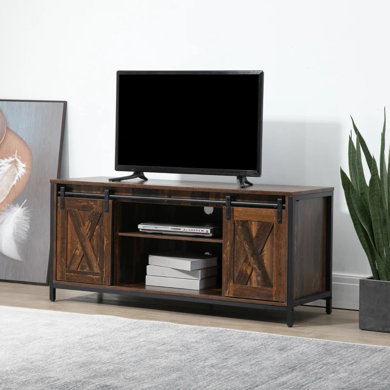 Barn-style industrial TV console with dark wood finish and metal hardware detailing.