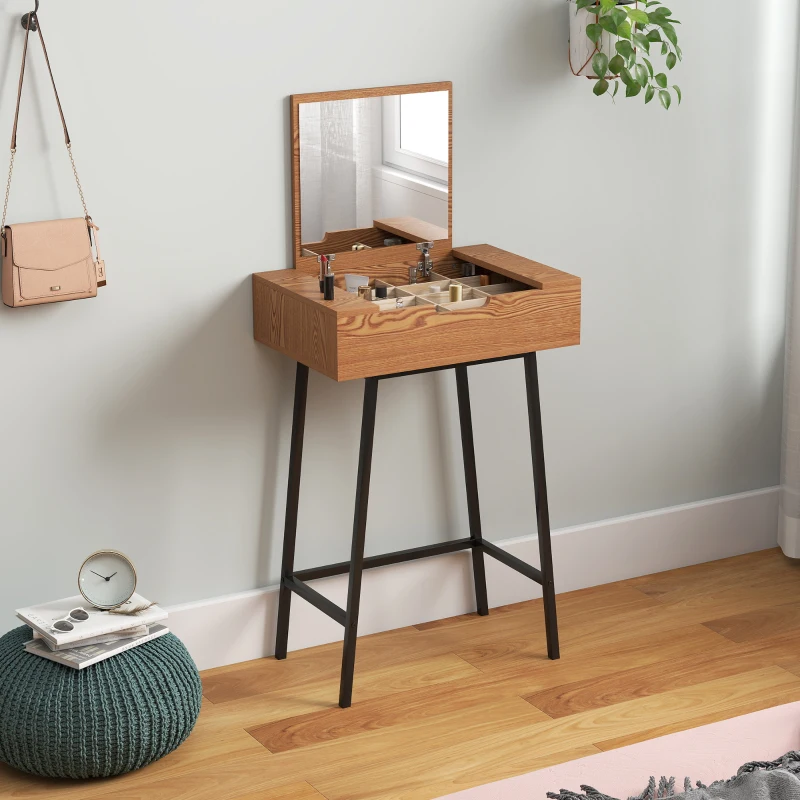 Industrial vanity with black frame, wooden storage compartments, and mirror in a modern bedroom.