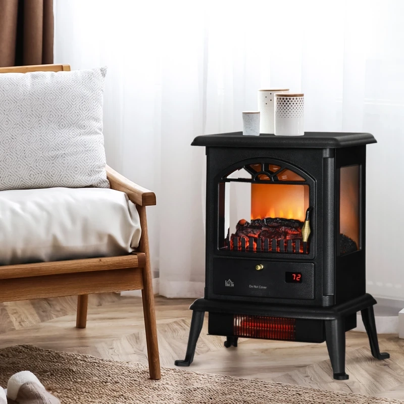 Compact infrared stove heater on wooden floor beside sofa