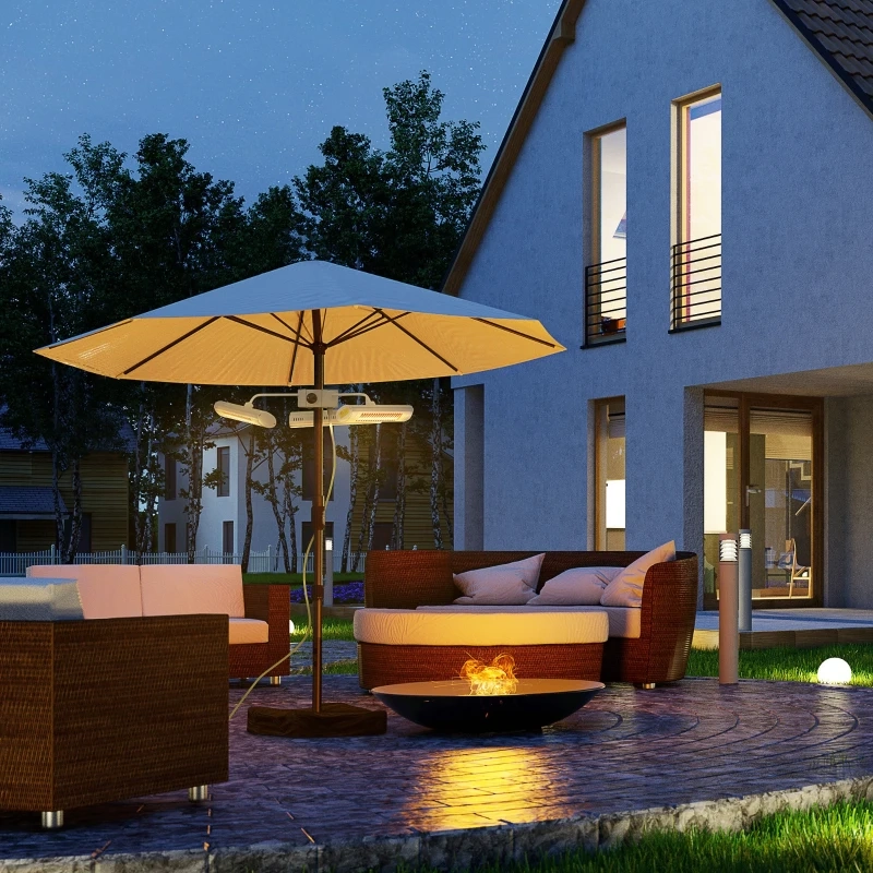 Outdoor infrared heater mounted under patio umbrella illuminating seating area at night.