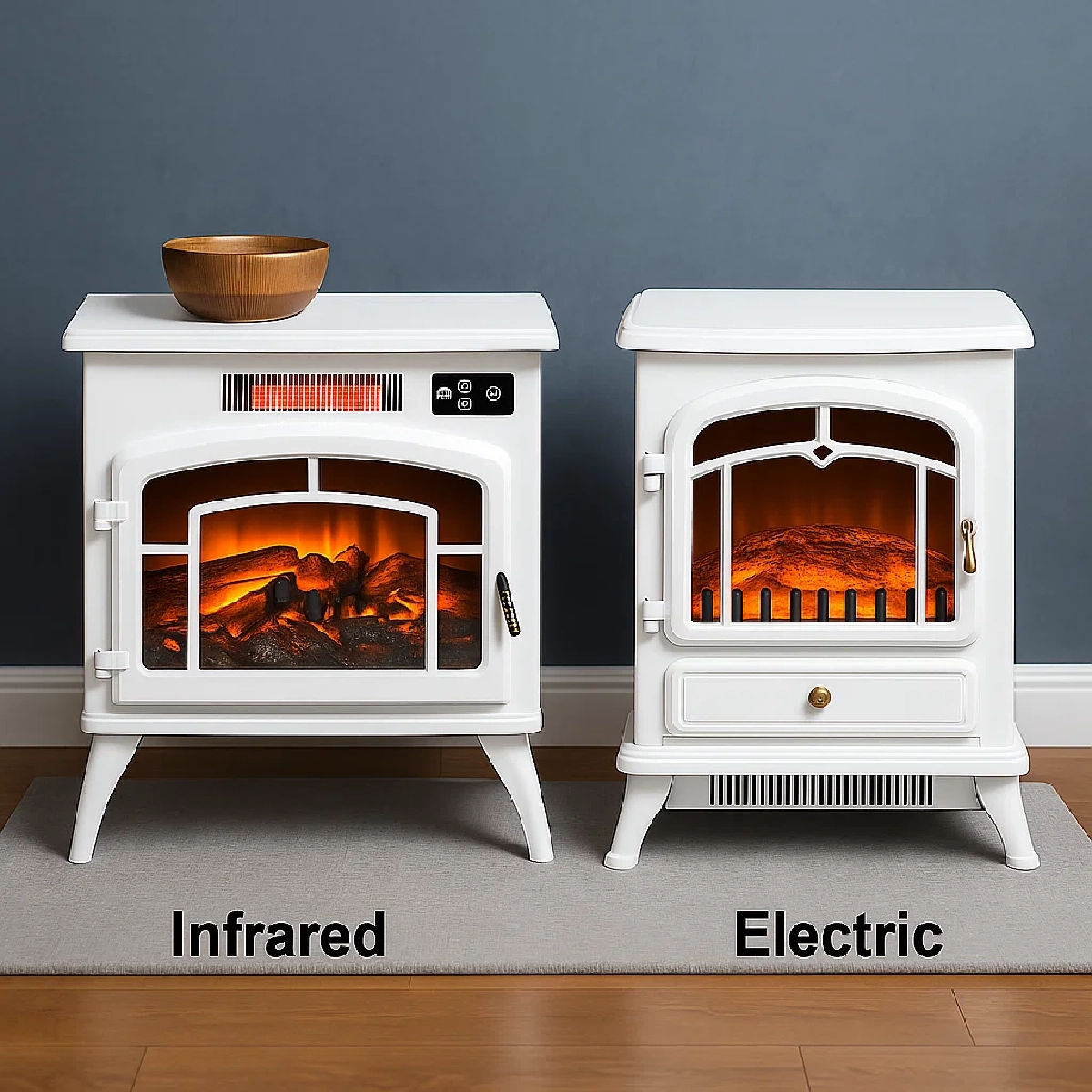 Two side-by-side white stoves labeled infrared and electric