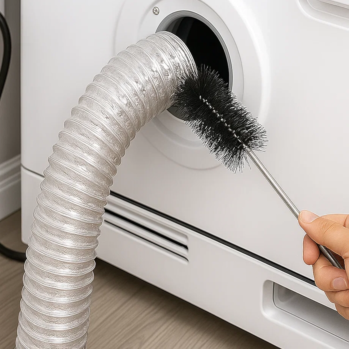 Cleaning dryer vent hose with long brush tool.