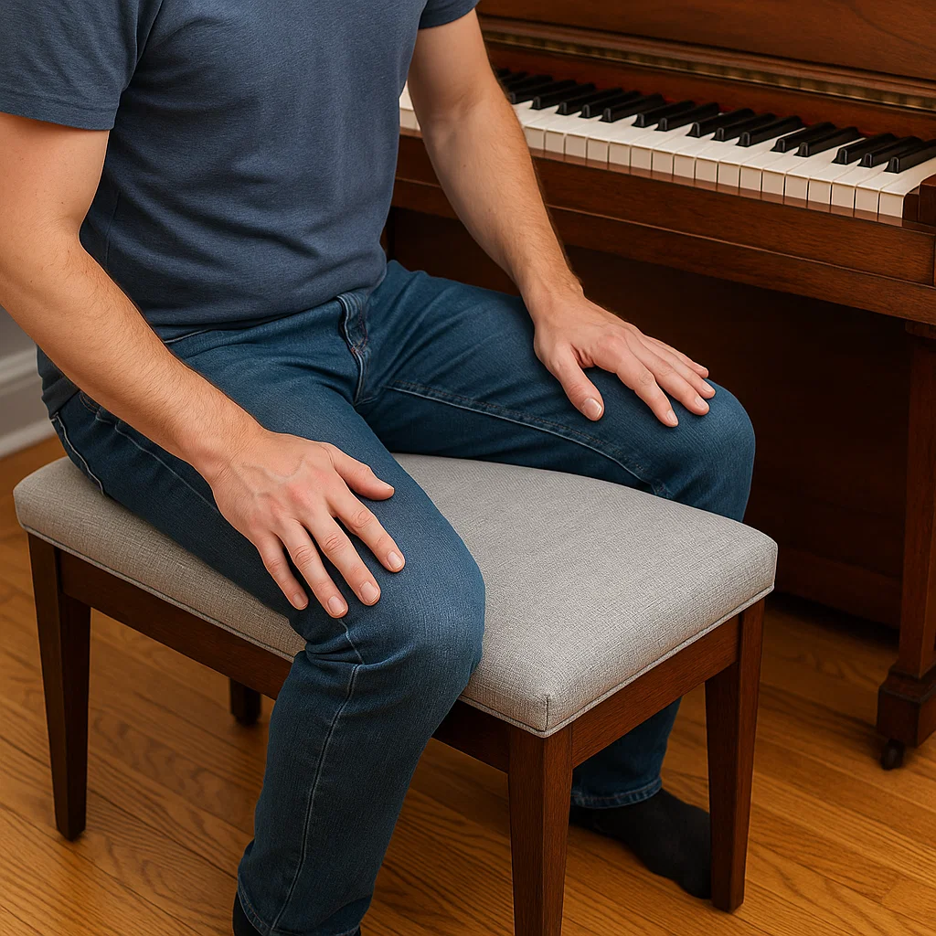 Person sitting on piano bench testing its stability and comfort