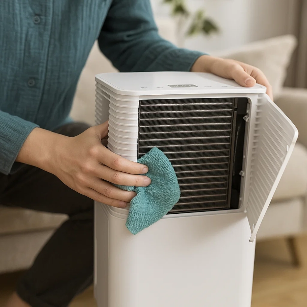 Person wiping internal coils of HOMCOM dehumidifier with a microfiber cloth.