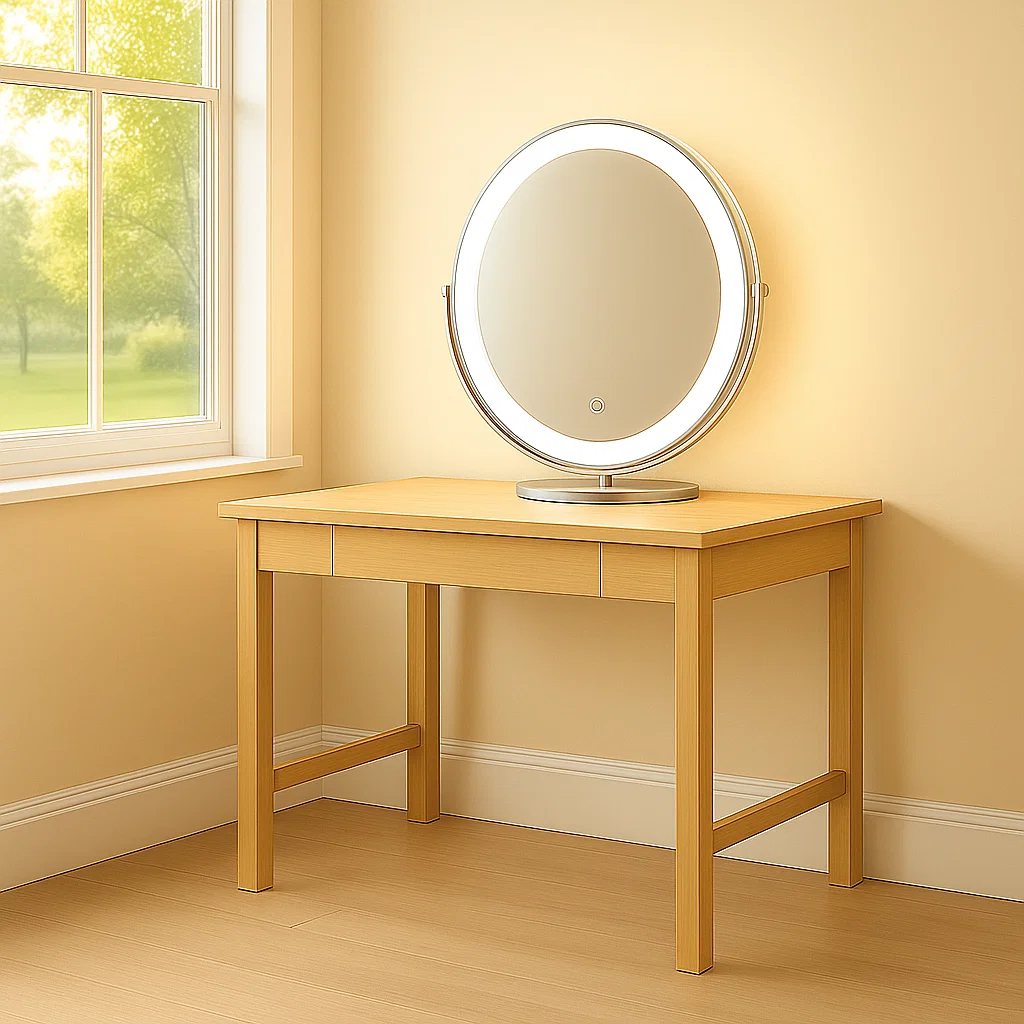 Wooden desk with illuminated round vanity mirror for clear makeup application.