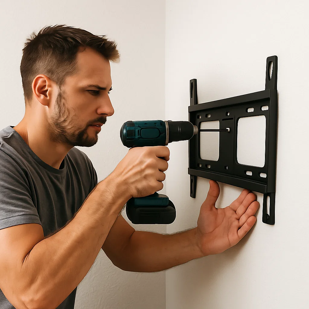 Person drilling into the wall to install a secure TV mount bracket for a modern TV setup.