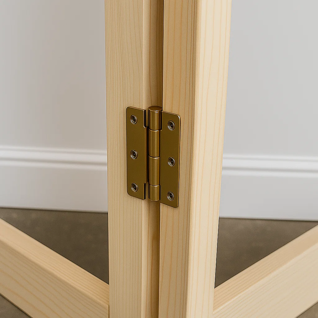 Close-up of brass hinge securely attached between two wooden panels.