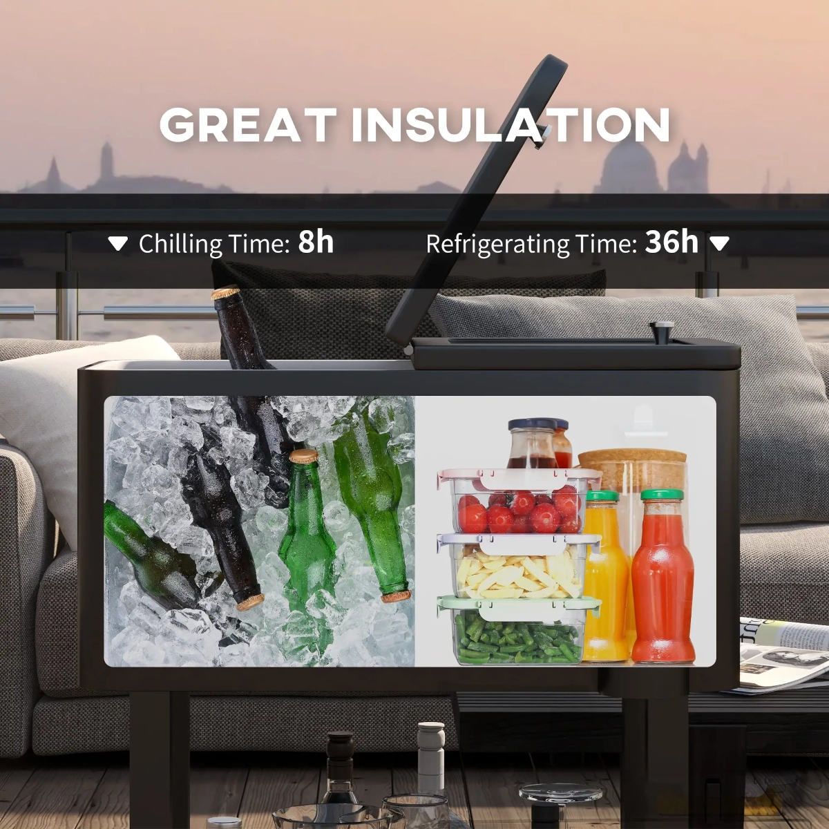 Cooler graphic showing chilled drinks and fresh food storage