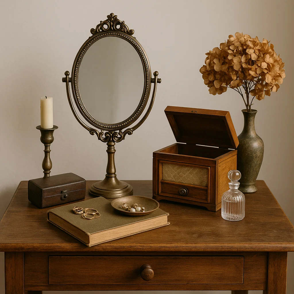 Antique-style vanity setup with oval mirror, wooden boxes, candle, and dried flowers for vintage charm.