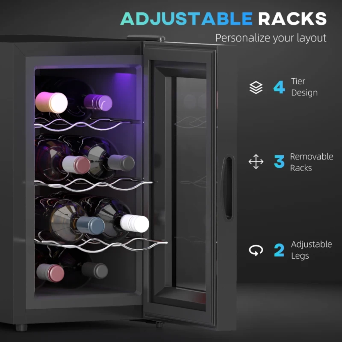 Beverage fridge with open glass door showing wine bottles on four wavy metal racks