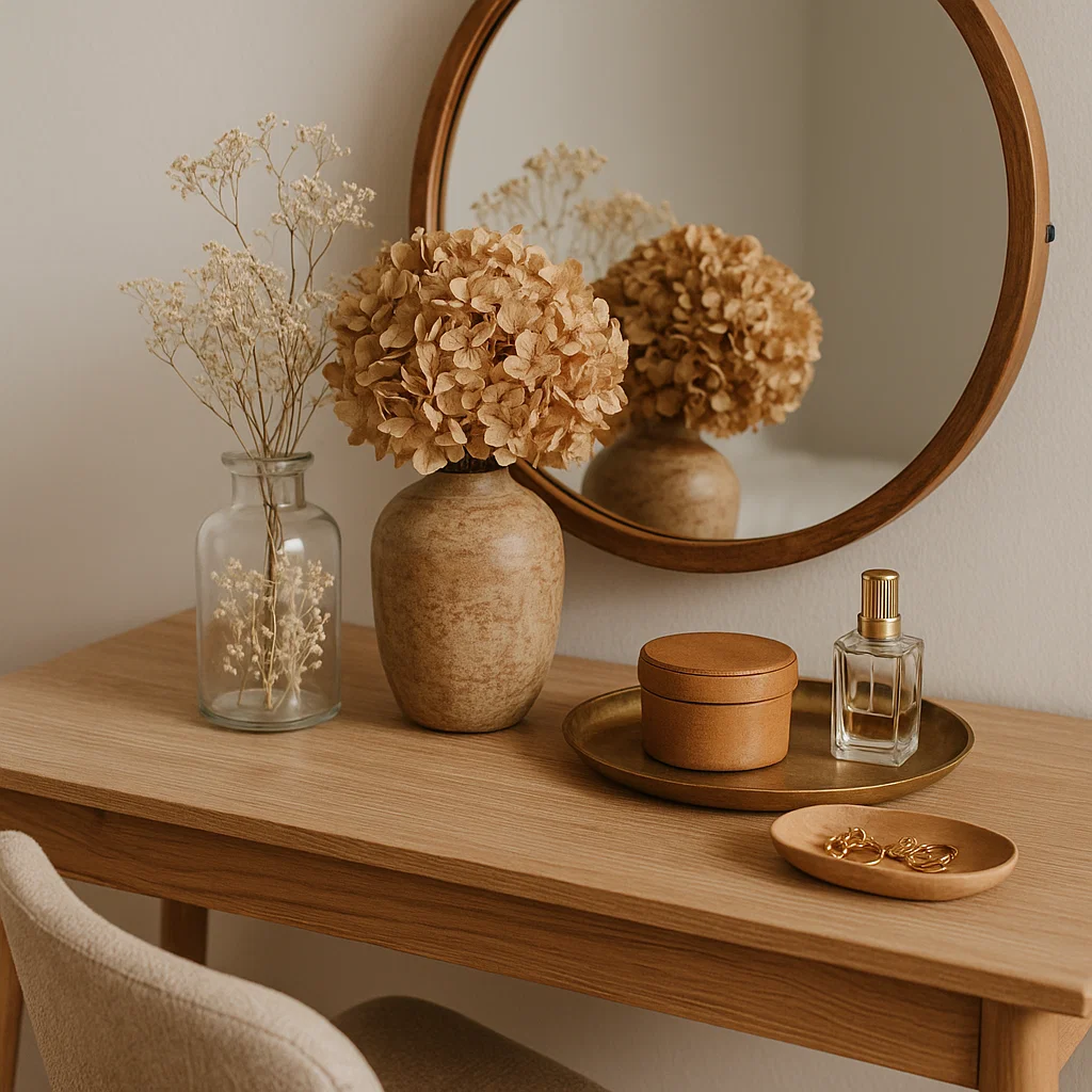 Minimal dressing table with round mirror, dried flowers, and natural-toned accessories for an earthy style.
