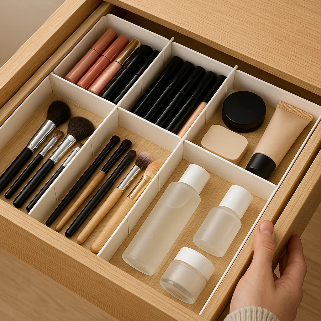Neatly organized vanity drawer with makeup brushes, lipsticks, skincare bottles, and cosmetic containers.
