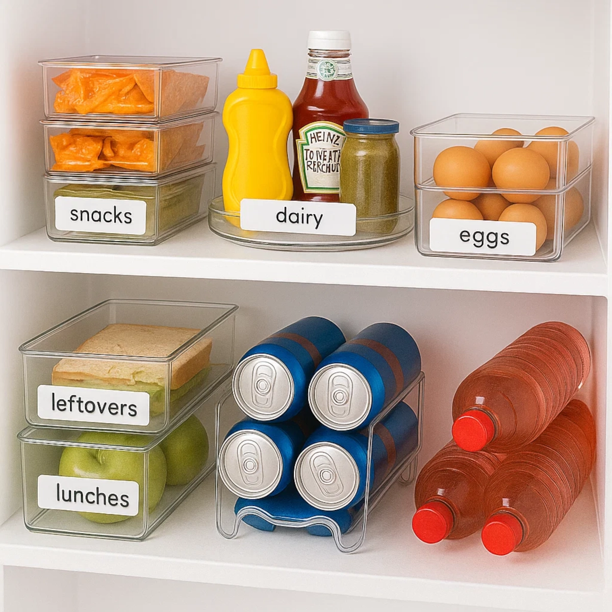 Clear labeled bins storing snacks, dairy, eggs, leftovers, and drinks in an organized fridge.