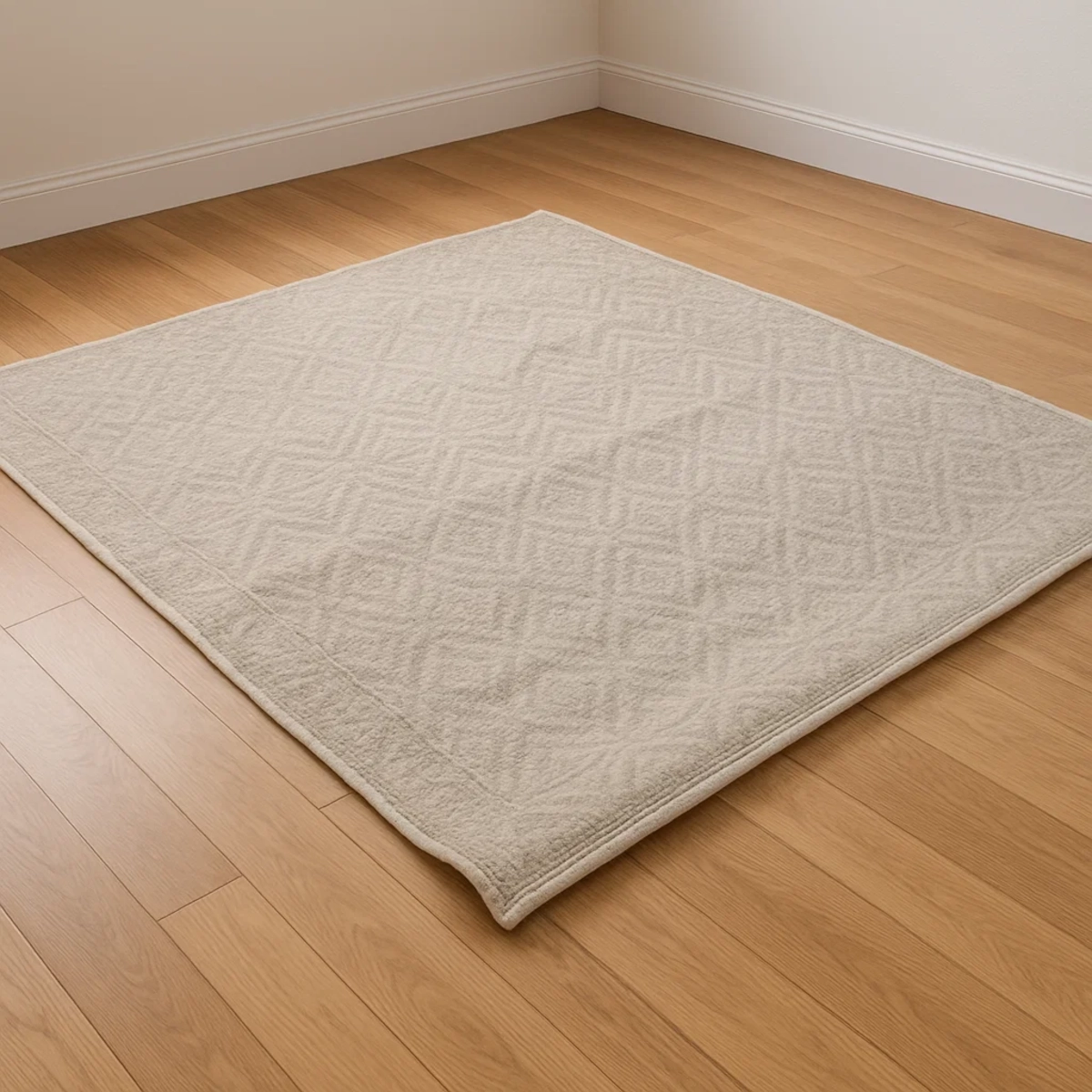Cream geometric-patterned area rug slightly curled at the edge, laying flat on a hardwood floor.