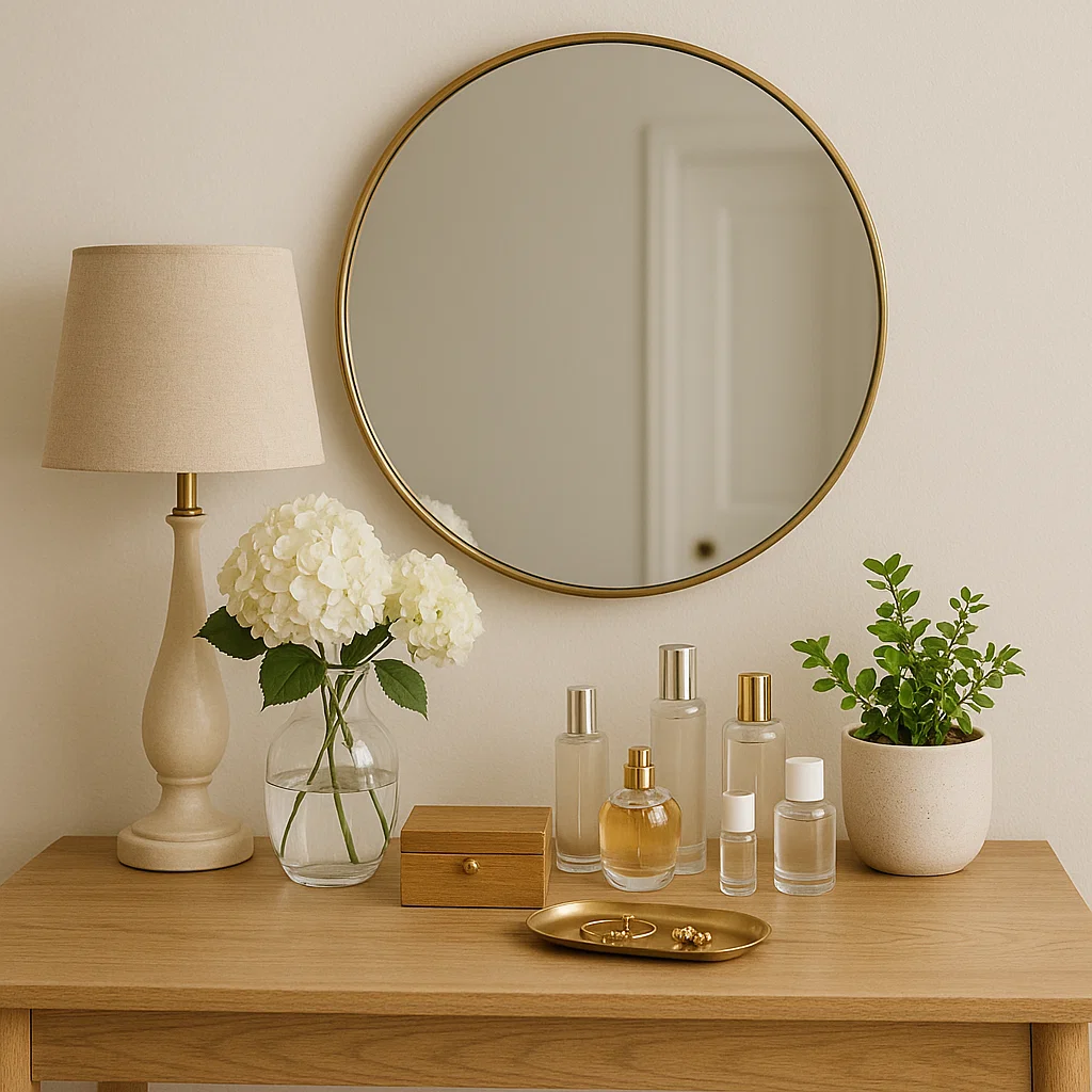 Vanity with round mirror, lamp, flowers, and perfumes arranged in layered heights for balance.