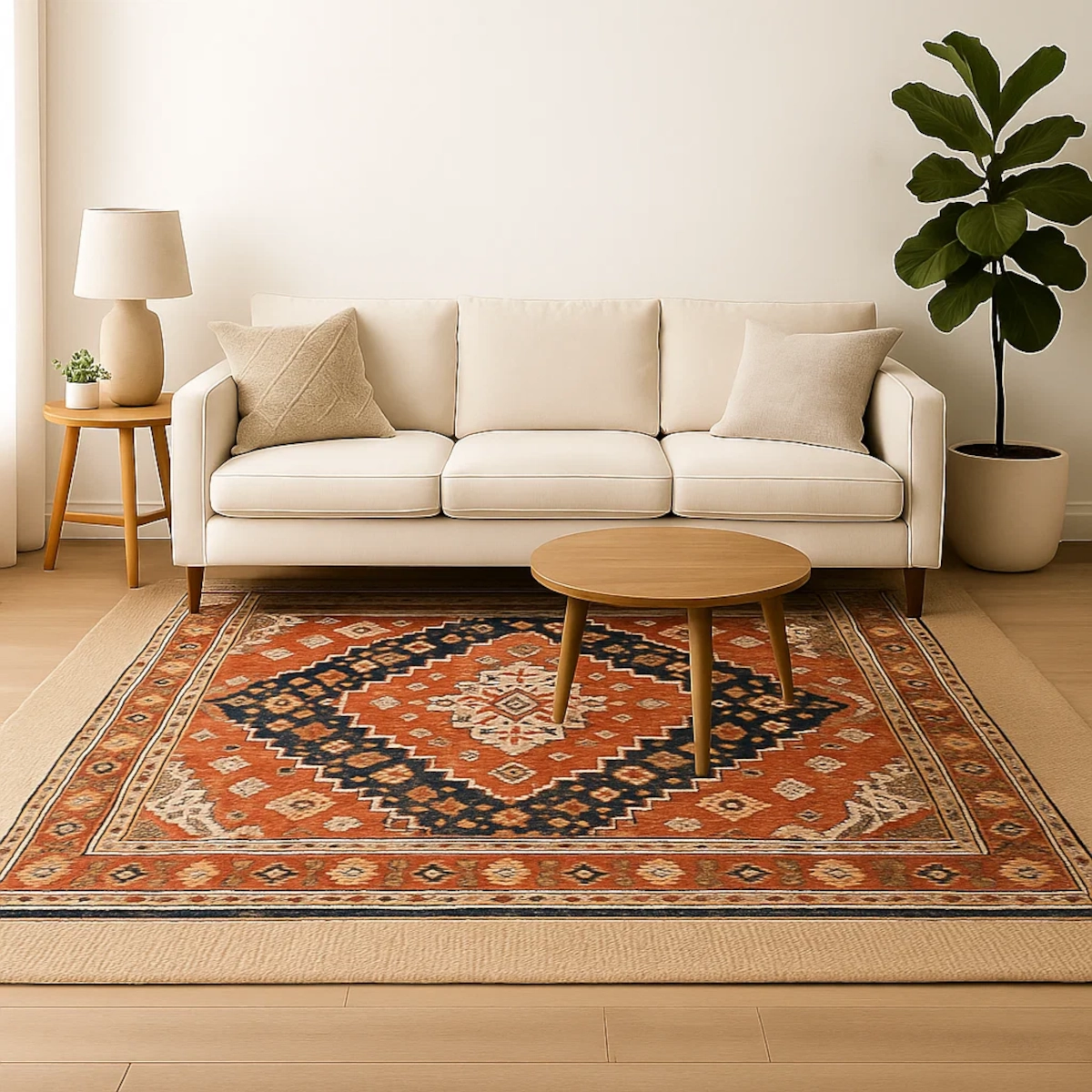Bold red-orange patterned rug layered over neutral base rug beneath sofa and round coffee table.