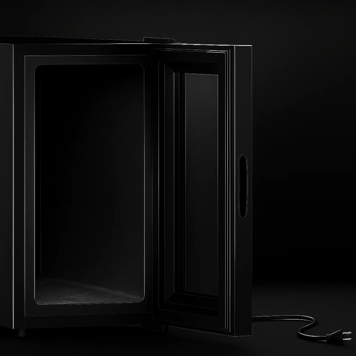 Empty wine fridge open, defrosting naturally.