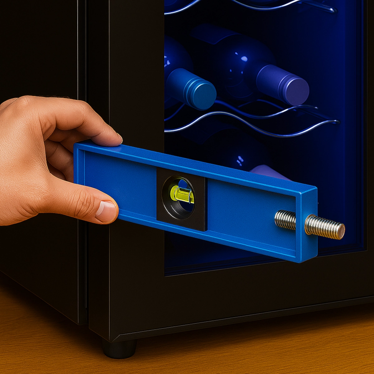 Hand using a blue spirit level to check wine fridge alignment during cabinet installation.