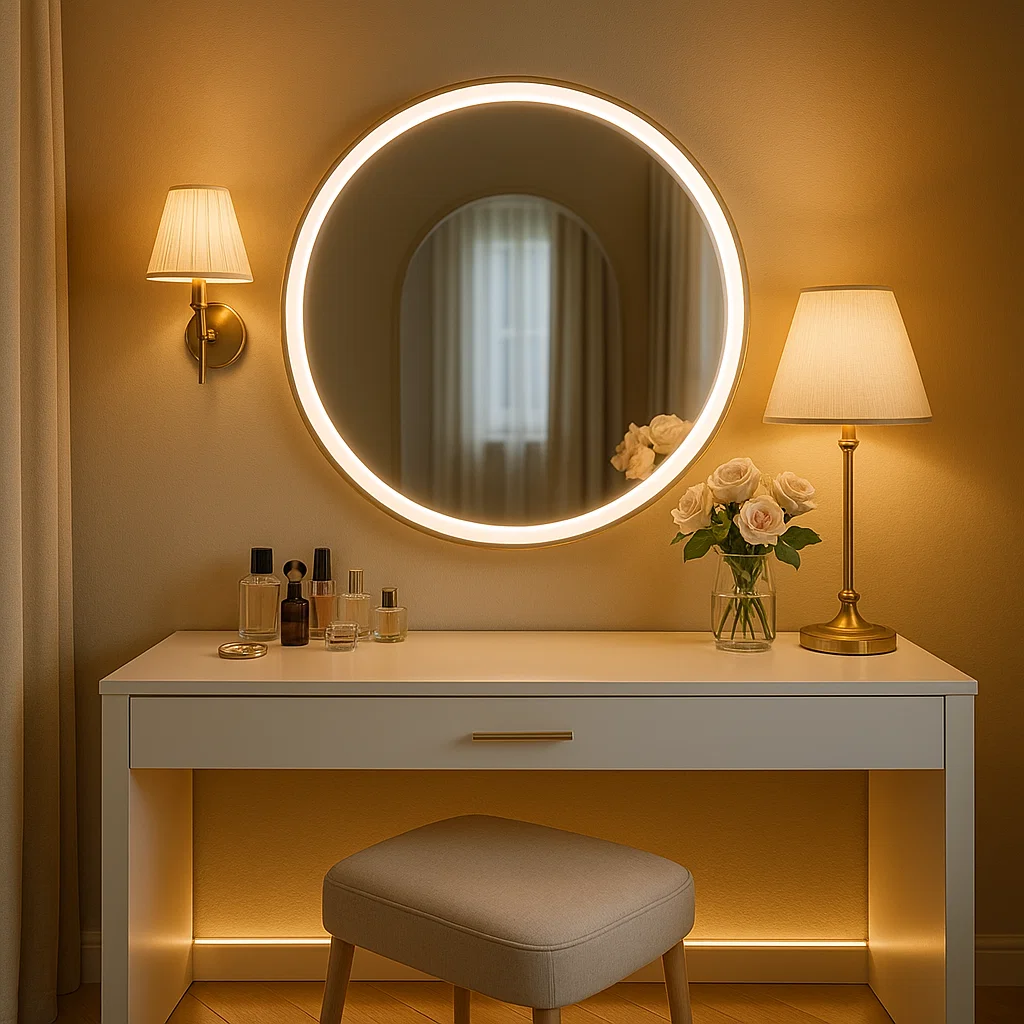 White vanity table with round gold mirror and roses beside makeup brushes near a window.