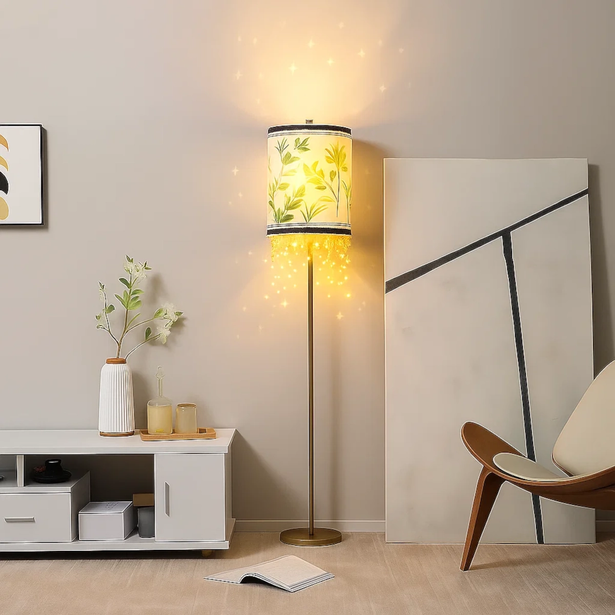 Floor lamp illuminated with warm decorative lighting, showcasing bulb effects for cozy atmosphere.