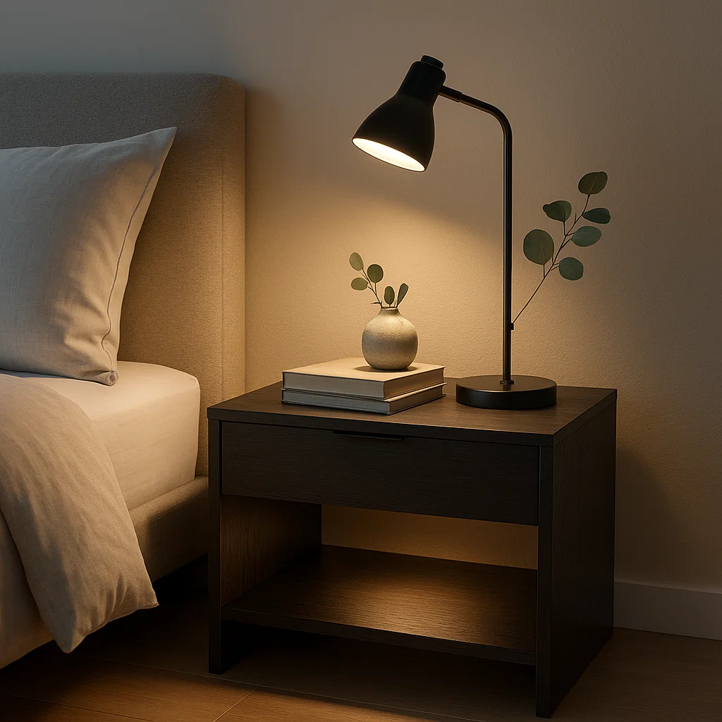 Cozy bedside table with reading lamp, books, and small vase.