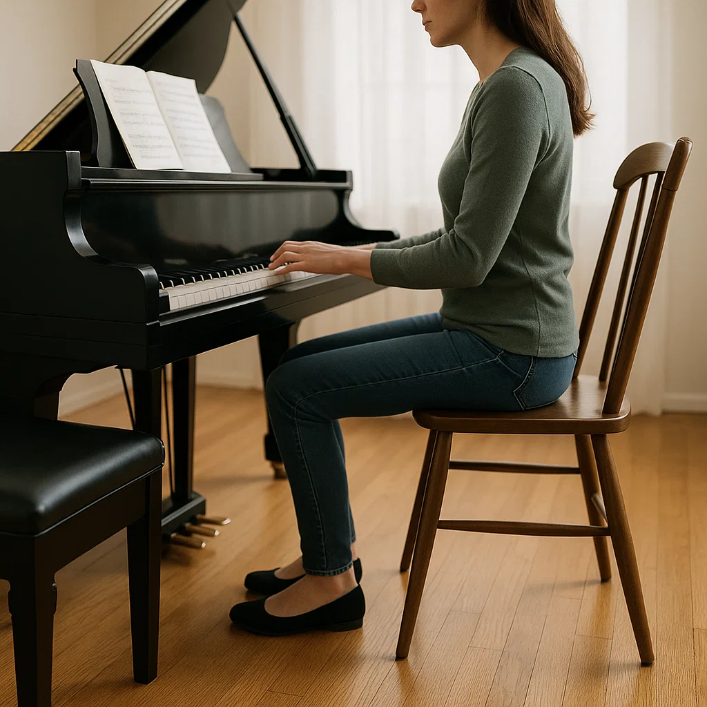 Femme jouant du piano assise sur une chaise en bois.