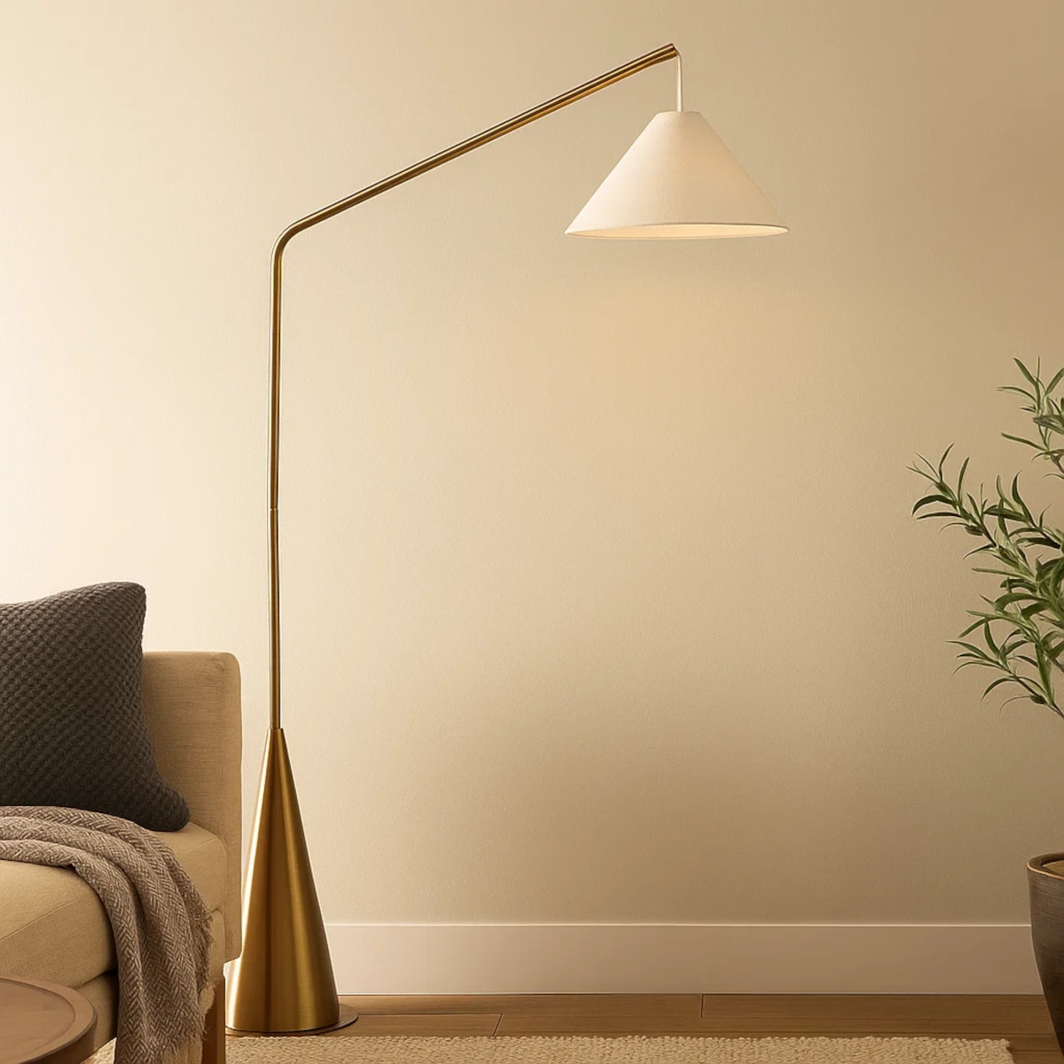 Stylish corner with gold Lisbon floor lamp featuring coned base and white fabric shade.