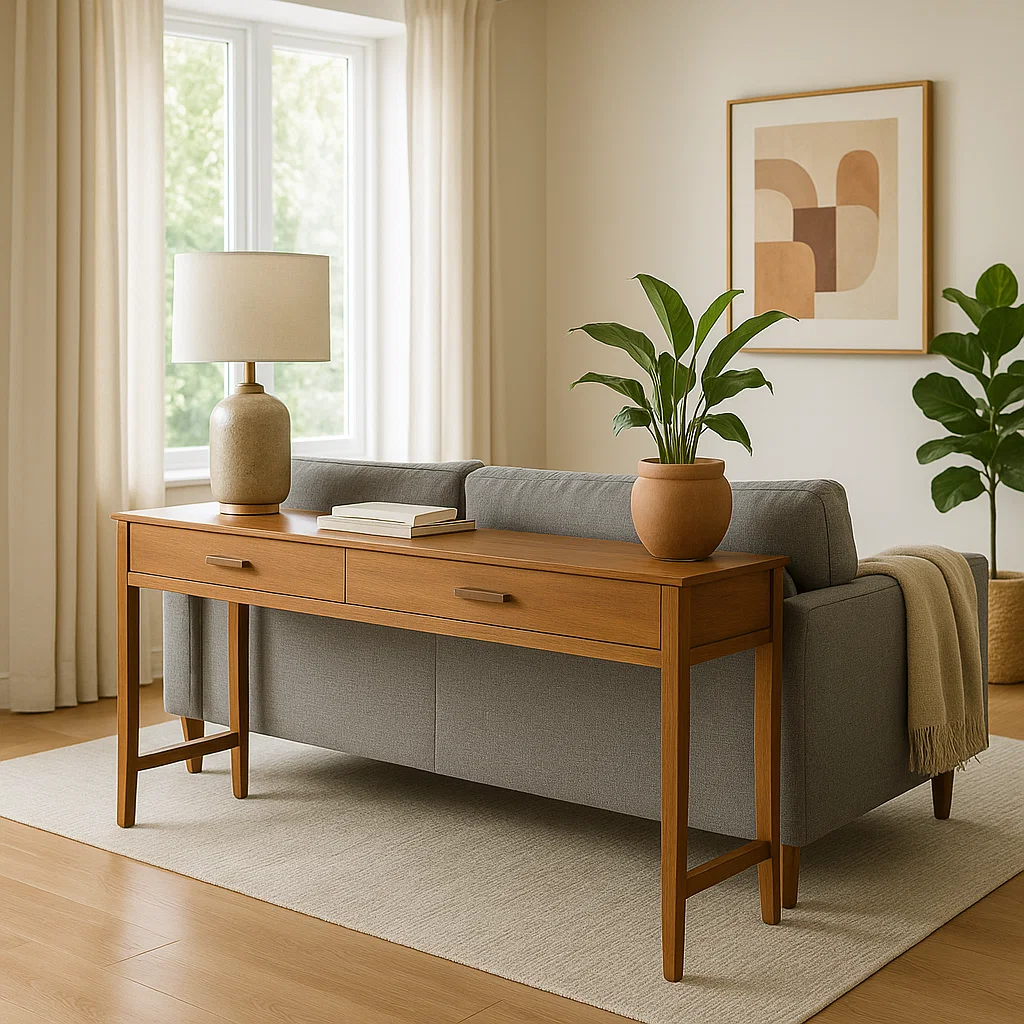 Living room with a console table that adds function without disrupting the room’s flow