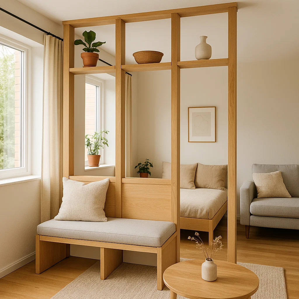 Wooden loft-style room divider with open shelves and bench seat creating separation between bedroom and living area.
