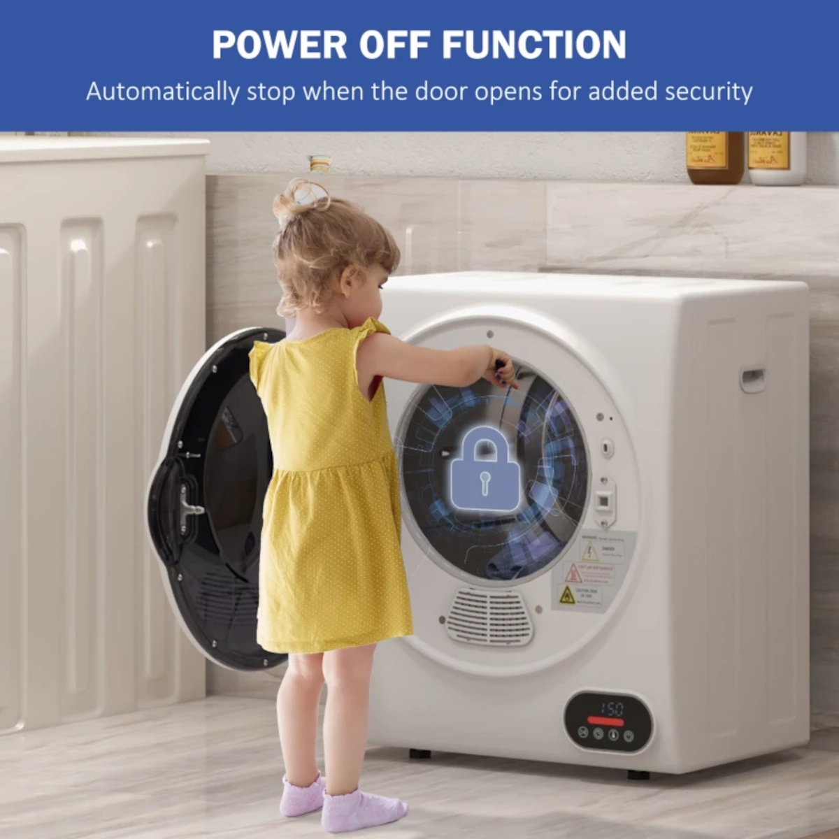 Toddler standing near front-load dryer with safety lock function