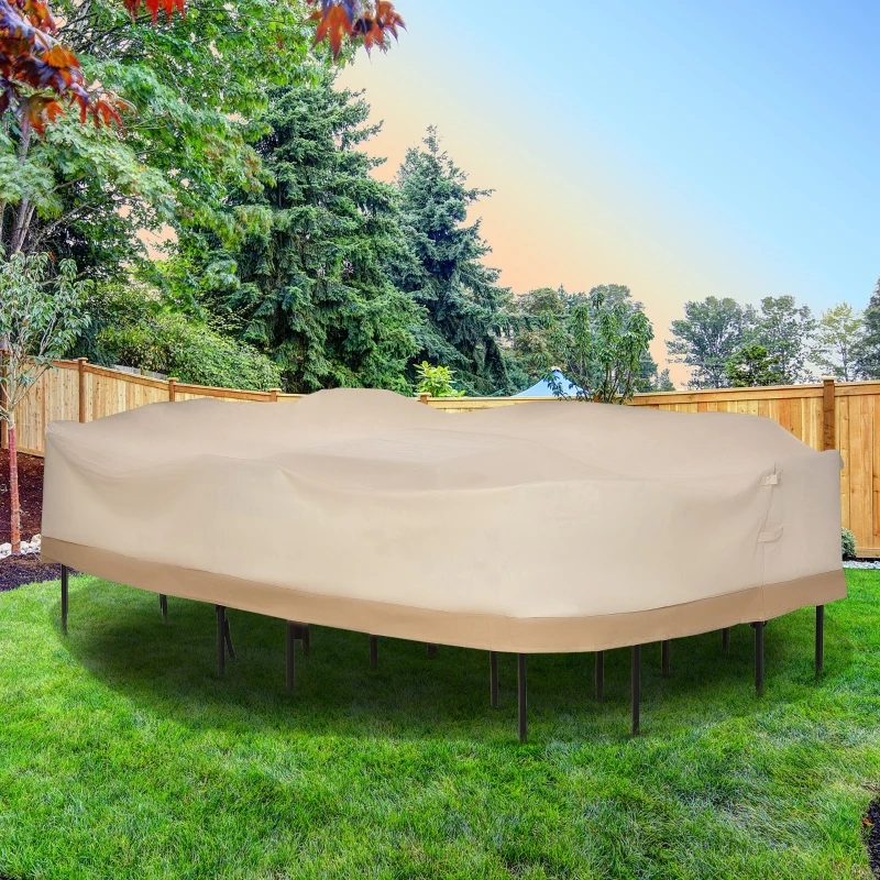 Beige cover protecting large outdoor sofa set