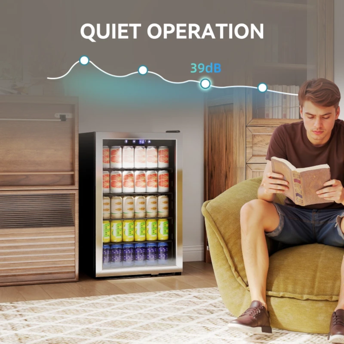 Beverage fridge with a 39dB noise graph beside a man quietly reading in a relaxed setting.