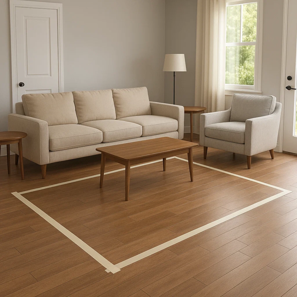 Living room with masking tape outlining area rug placement between beige sofa and armchair.
