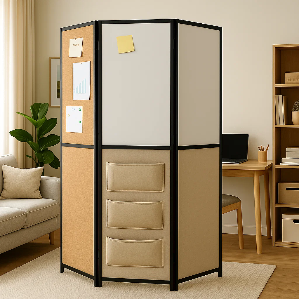 Artistic room divider displaying framed botanical prints in a cozy living room.