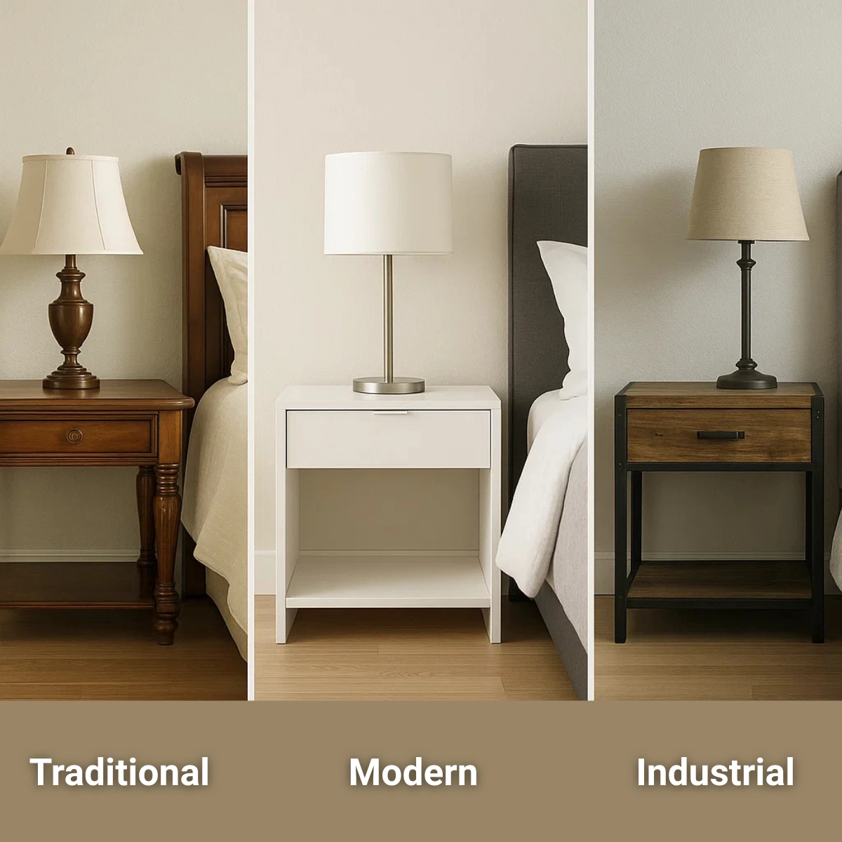Three bedside table styles shown side by side: traditional wood, modern white, and industrial metal.
