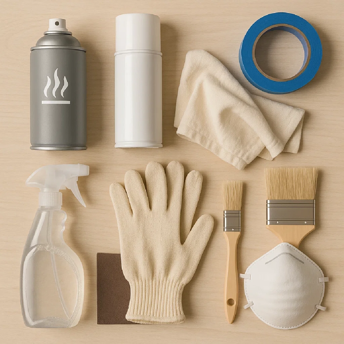 Alt text: Essential painting supplies arranged on a table, including brushes, tape, gloves, and spray cans.