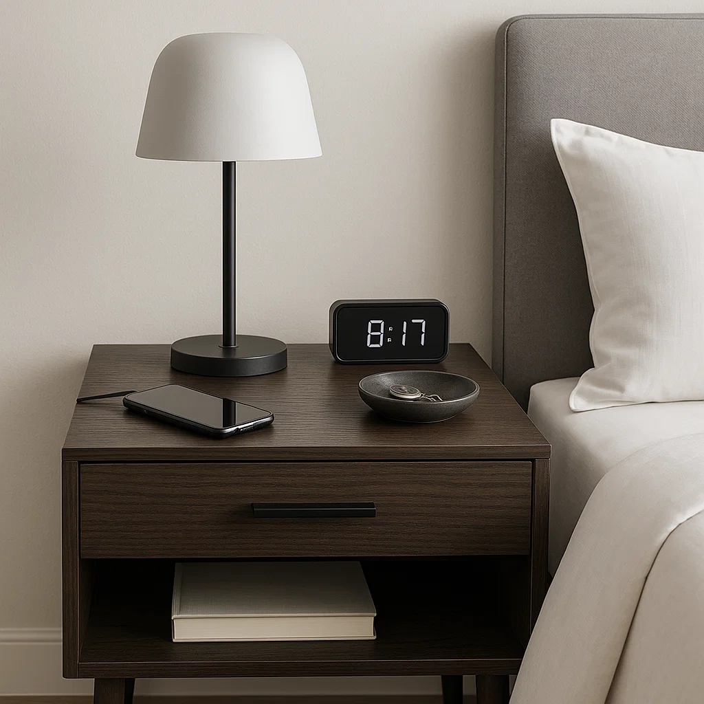 Bedside table with lamp, digital clock, phone, and storage tray.