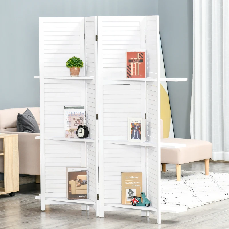 White folding room divider with built-in shelves displays books and decor in a small studio