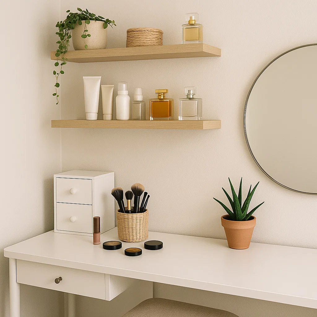 Wall shelves above vanity holding perfumes, skincare, and plants, with brushes arranged on the table.