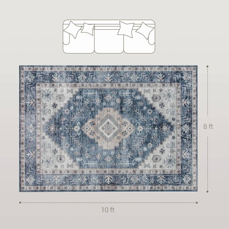 Top view of a blue patterned 8x10 area rug with sofa layout guide for proper furniture placement.