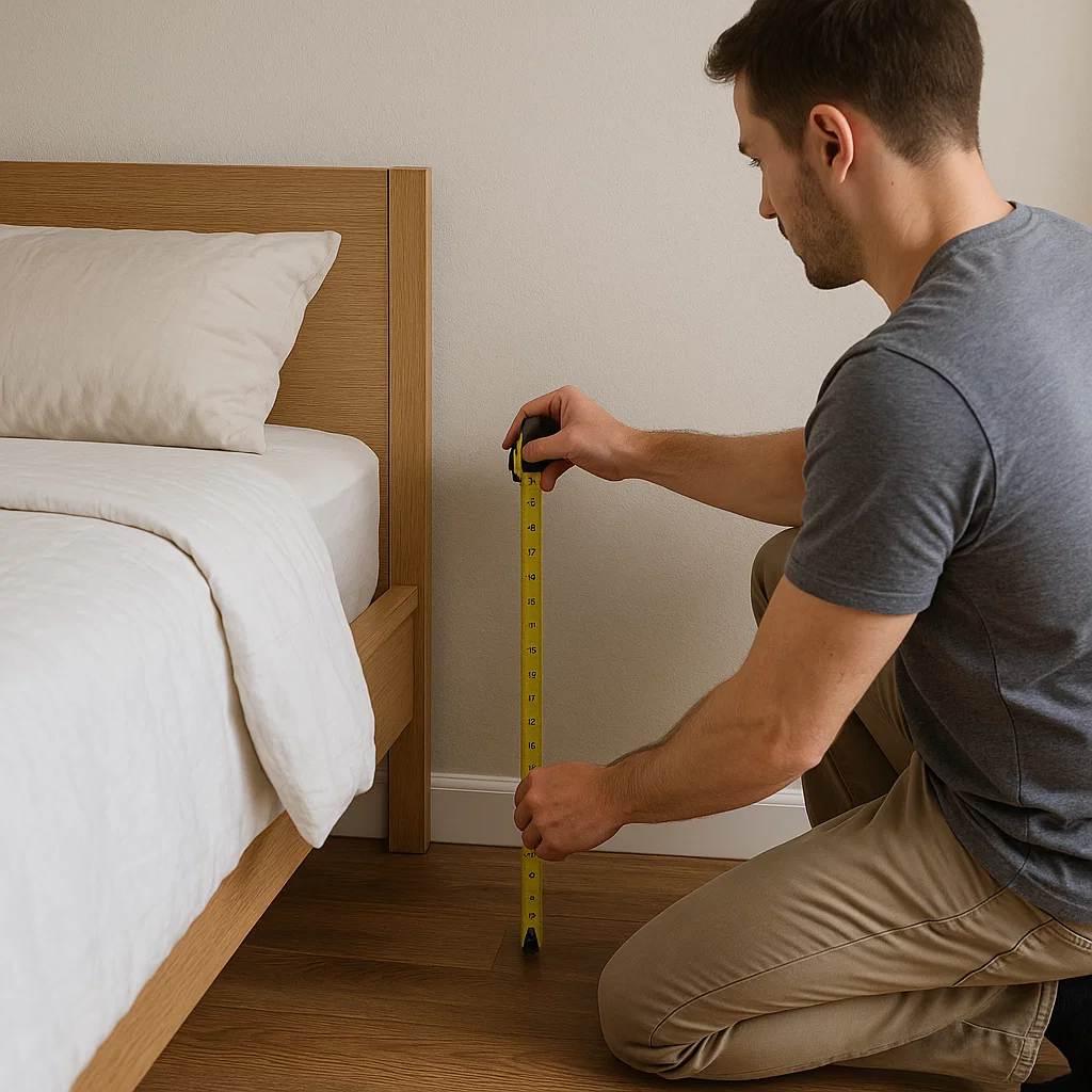 Man kneeling with measuring tape checking bed height to choose the right bedside table size.
