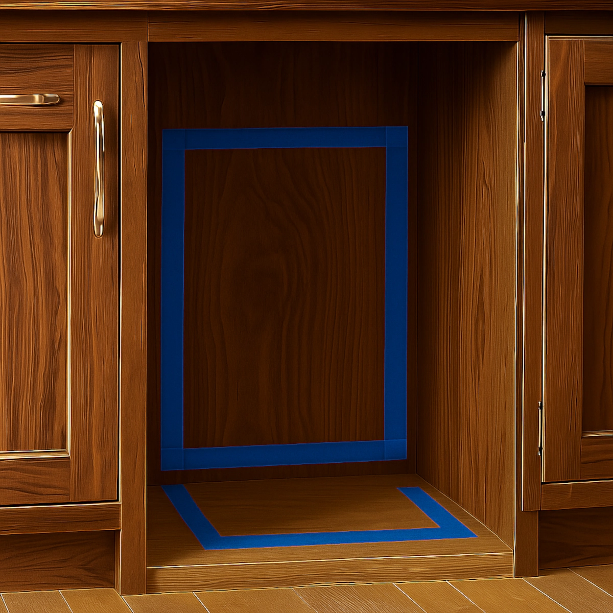 Cabinet interior outlined with blue tape marking dimensions for wine fridge placement and fit.