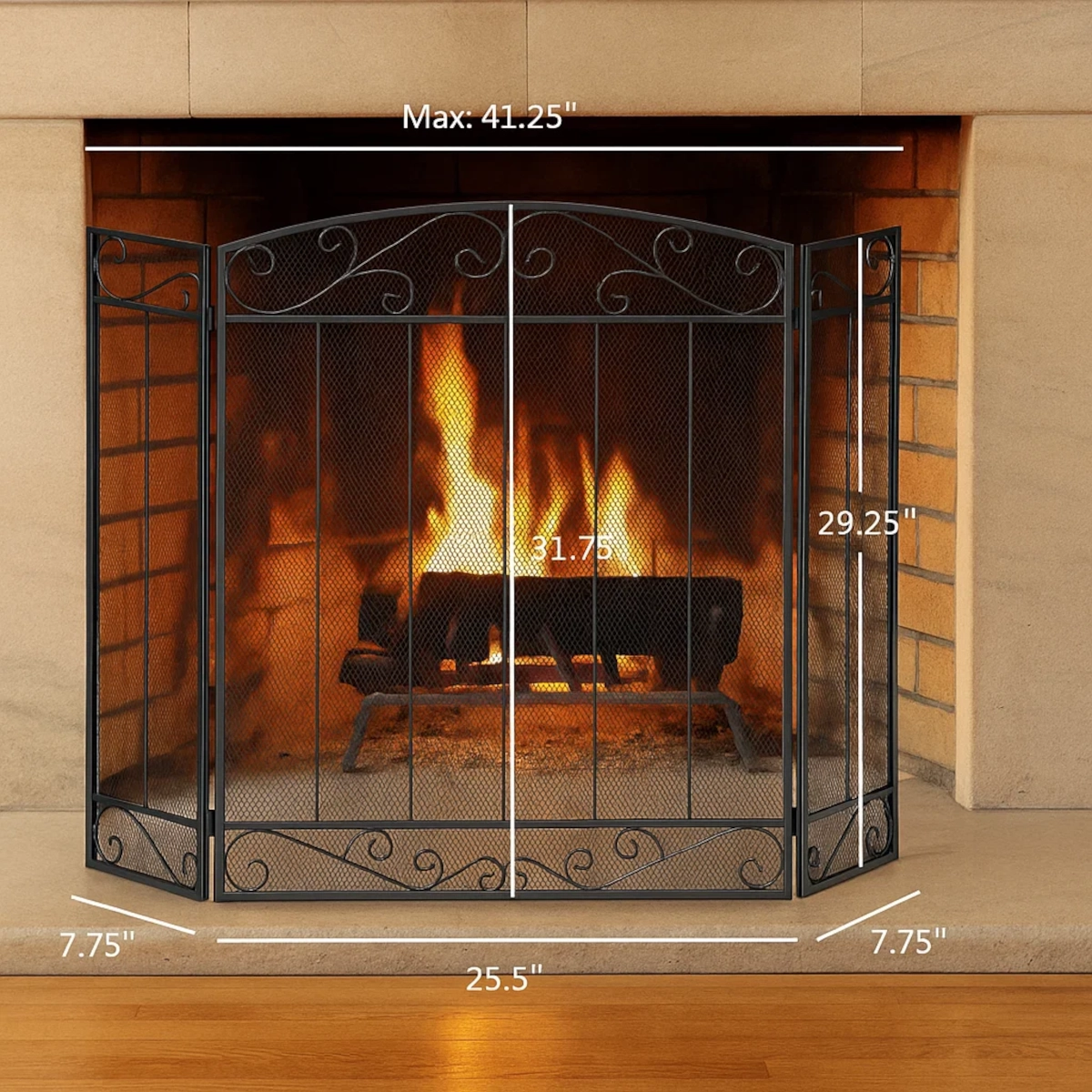 Fireplace screen with measurement dimensions displayed in front of a burning fire.